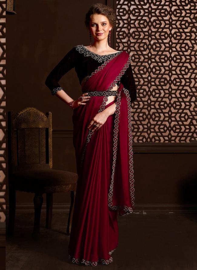 Sattin Chiffon Dark Pink  Stone Work Saree